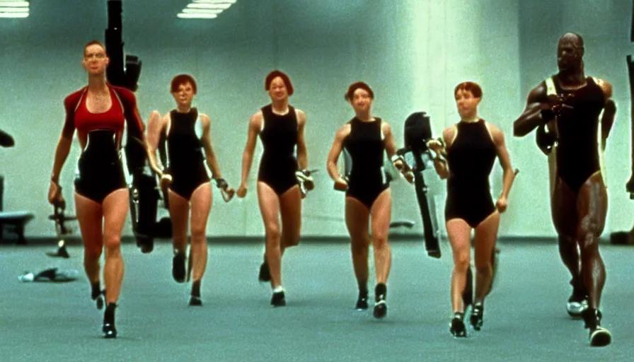 Prompt: The matrix, LeeLoo, Starship Troopers, Olivia Pope, 1960's Olympics footage, Sprinter athletes recovering from a race, tuning their mechanical legs with mechanics helping, intense moment, cinematic stillframe, backlit, The fifth element, vintage robotics, formula 1, starring Geena Davis, clean lighting