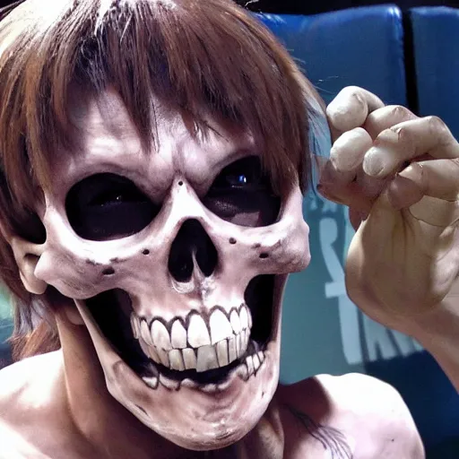 Prompt: skeleton making a pogchamp face, anime