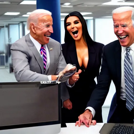 Image similar to stock photo of kim kardashian, and joe biden wearing suits and ties laughing in an office building, 8k resolution, full HD, cinematic lighting, award winning, anatomically correct