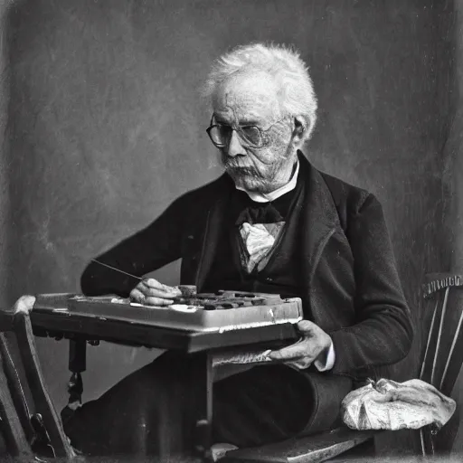 Prompt: a daguerreotypist of a old guy having a lunch