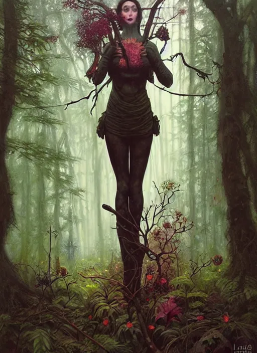 Image similar to a hyper realistic witch shrine, candles, in the woods, distant explosions, gorgeous lighting, lush forest foliage, painting by chiara bautista and tom bagshaw, mucha, beksinski and norman rockwell and greg rutkowski weta studio, and lucasfilm