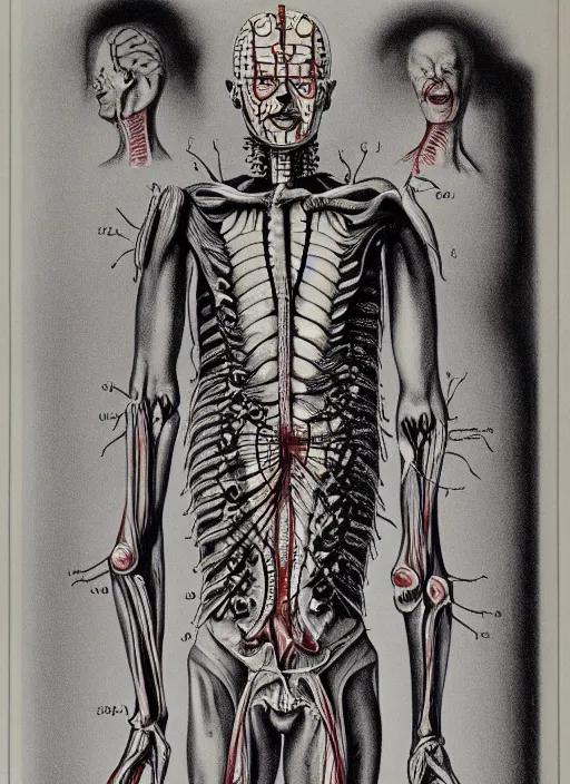 Image similar to vintage medical anatomical illustration of pinhead from hellraiser ( 1 9 8 6 ), highly detailed, labels, intricate writing