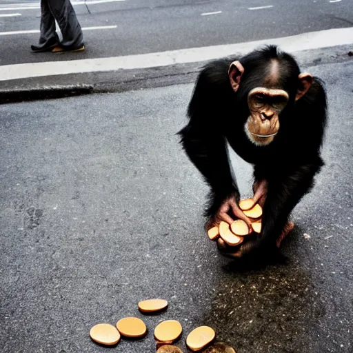 Image similar to a 5 0 mm photo of a chimpanzee picking up pennies on a street in manhattan, hyperrealistic
