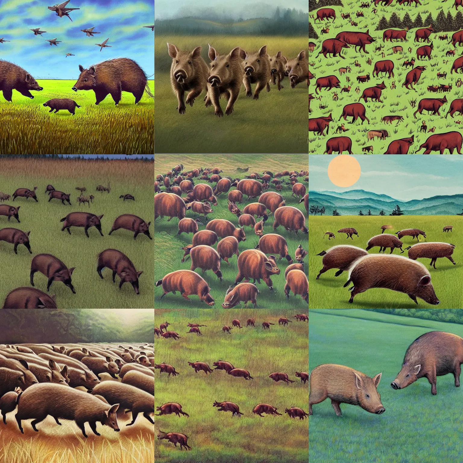 Prompt: an army of wild boars running in an open field, beautiful art, poster art, trending, art, fineart