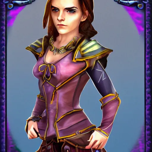 Image similar to Emma Watson in the style of the game World of Warcraft, with a background based on the game World of Warcraft, detailed face, old 3d graphics