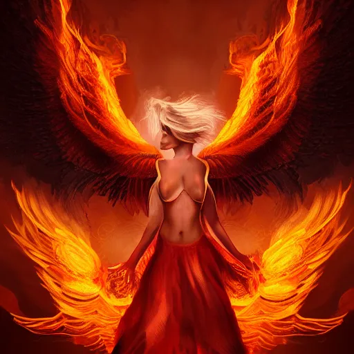 Image similar to detailed portrait of a fiery phoenix woman rising from fire spreading her wings with fiery marks all across her body, magically, magic, fire, realism, ruby, sunlit, dark fantasy, dramatic lighting, cgsociety, artstation