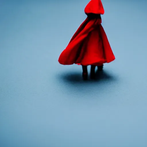 Prompt: a cinematic film still of a claymation stop motion film starring emma watson as little red riding hood, looking at realistic wolf, shallow depth of field, 8 0 mm, f 1. 8