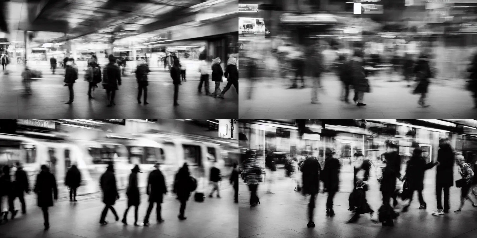 Prompt: multiple ghostly people walking in the city by frank machalowski. blurred people. subway. street photography. black and white. ilford delta. long exposure, extreme motion blur on people.