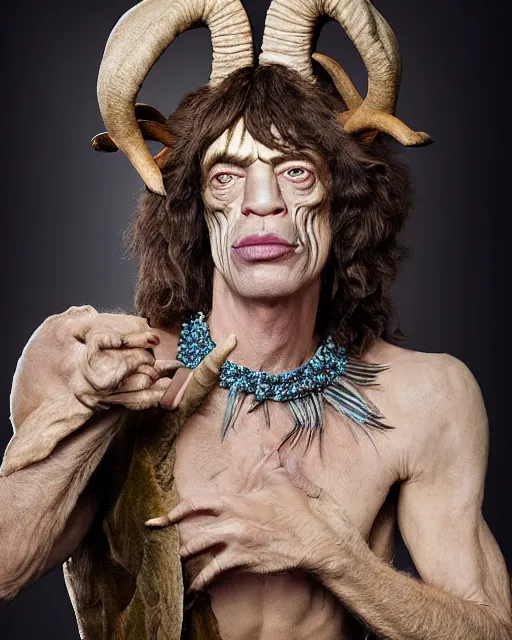 Image similar to actor Mick Jagger in Elaborate Pan Satyr Goat Man Makeup and prosthetics with large goat ears designed by Rick Baker, Hyperreal, Head Shots Photographed in the Style of Annie Leibovitz, Studio Lighting