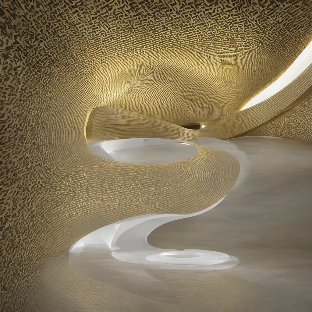 Image similar to an incredibly smooth curvilinear modern neo baroque interior architectural sculpture, a golden pool on the ground is envelope by folding white surfaces, blue light, visually satisfying architecture render