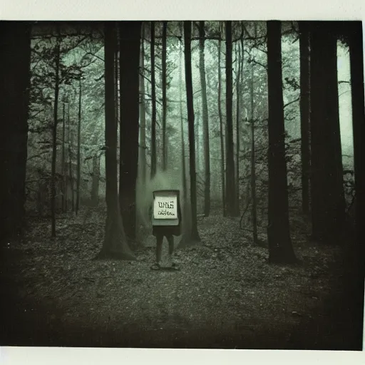 Image similar to old polaroid photo of a zombie in a forest, very dark vibes, fog,