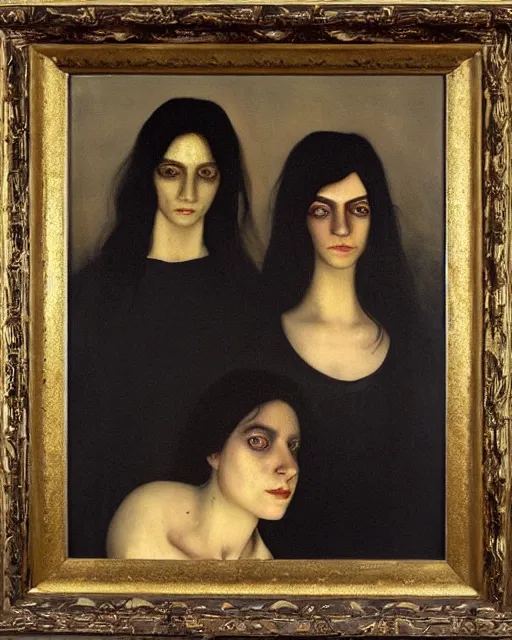 Image similar to a beautiful and eerie baroque painting of two beautiful but creepy siblings wearing black t - shirts in layers of fear, with haunted eyes and dark hair, 1 9 7 0 s, seventies, wallpaper, a little blood, morning light showing injuries, golden hour delicate embellishments, painterly, offset printing technique, by brom, robert henri, walter popp