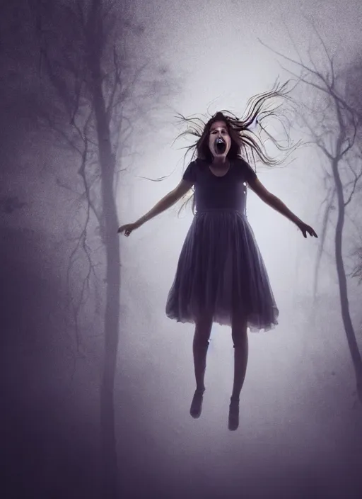 Image similar to an angry girl floating in the sky at night giving a creepy feel, the girl is screaming, dark background, fog, forest, horror, extremely realistic and highly detailed, soft light, gold ratio