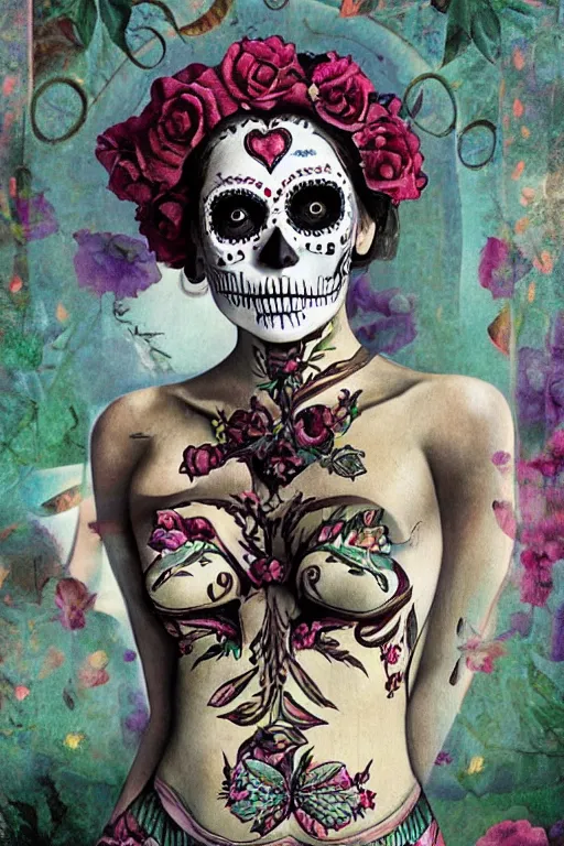 Prompt: Illustration of a sugar skull day of the dead girl, art by gregory crewdson