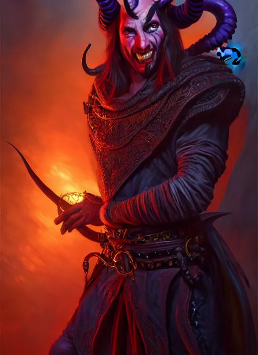 Image similar to tiefling bard, full body, hyper realistic, extremely detailed, dnd character art portrait, dark fantasy art, intricate fantasy painting, dramatic lighting, vivid colors, deviantart, artstation, by keith parkinson.