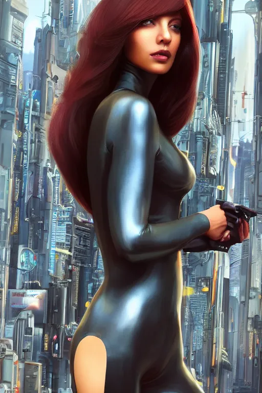 Prompt: full portrait of a beautiful female spy with thin lustrous vibrant electric Cyberpunk hair wearing a bodysuit walking in a city, reflections, focus, detailed, realistic eyes, symmetric body features proportions, intricate facial skin details, award winning, trending in cgsociety artstation deviant art, octane render, by boris Vallejo and Tom Bagshaw and Beeple