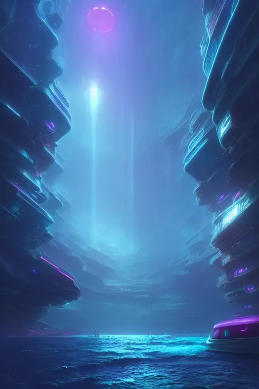 Prompt: emissary futuristic underwater city with pink street lighting, bioluminescence tides, by tim blandin and arthur haas and bruce pennington and john schoenherr, cinematic matte painting, zaha hadid building, photo realism, dark moody color palate, blue hour stars, desolate glacial landscape,