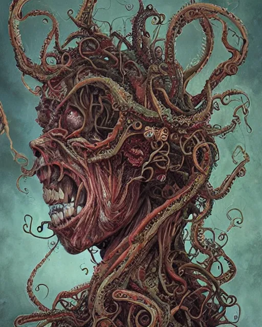 Image similar to centered horrific detailed side view profile portrait of a insane, crazed, mad zombie woman, ornate tentacles growing around, ornamentation, thorns, vines, tentacles, elegant, beautifully soft lit, full frame, by wayne barlowe, peter mohrbacher, kelly mckernan, h r giger