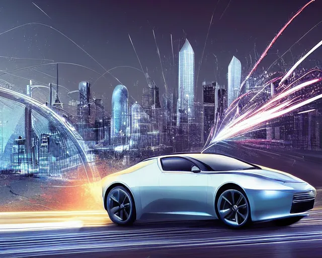 Image similar to Highly detailed digital art of a car arriving from the future, a sleek futuristic car accompanied by a trail of sparks on a city highway, a shining cityscape in the background