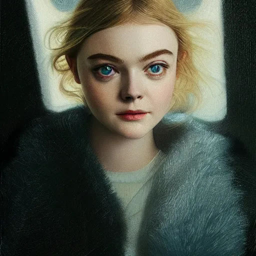 Image similar to Elle Fanning in the style of Paola Vetri, head and shoulders portrait, stormy weather, extremely detailed masterpiece, oil on canvas, low-key neon lighting, artstation, Blade Runner 2049, Roger Deakin’s cinematography, by J. C. Leyendecker and Peter Paul Rubens and Edward Hopper and Michael Sowa,