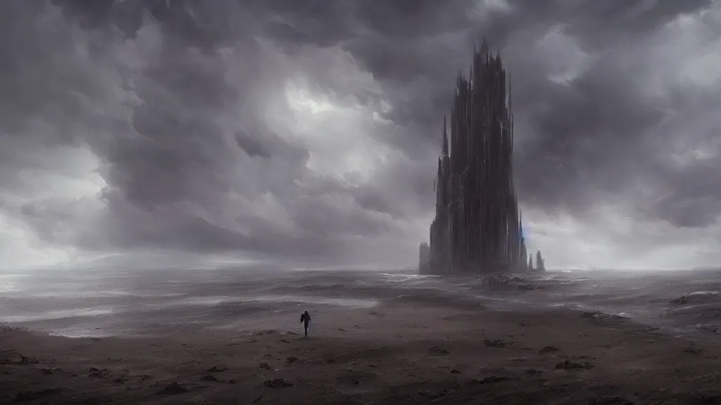 Image similar to epic storm by greg rutkowski the last tower. sand. lonely hero on lonely path trail. ominous. 3 8 4 0 x 2 1 6 0