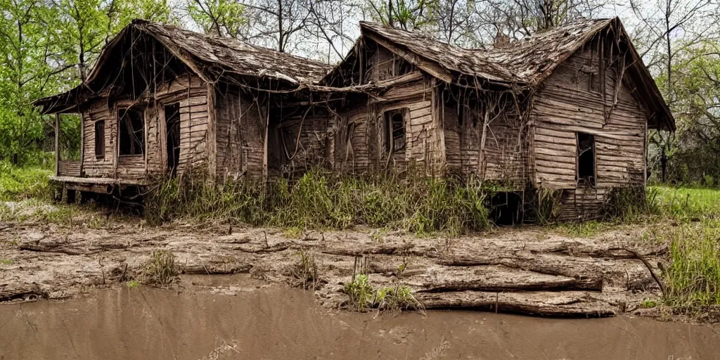 Image similar to abandoned very detailed wooden house, spring, mud, near river, very detailed