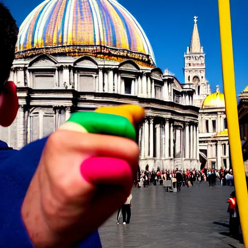 Image similar to artistic photograph of a man showing middle finger with color condom on it from behind by ai weiwei, st peter's basilica slighly out of focus in background