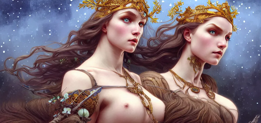 Image similar to a beautiful nordic goddess fighting a sasquatch, beautiful detailed eyes, cute, fantasy, intricate, elegant, highly detailed, digital painting, 4 k, hdr, concept art, detailed jewelry, smooth, sharp focus, illustration, art by artgerm, da vinci and alphonse mucha