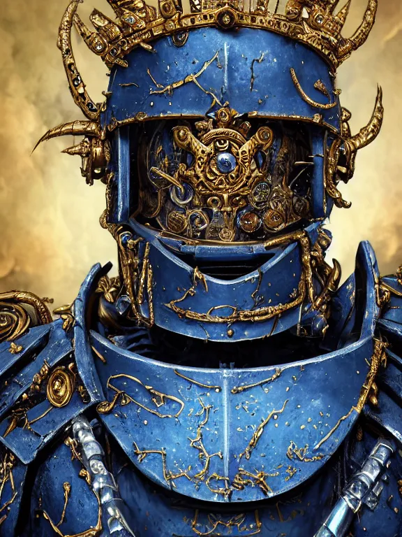 Prompt: portrait art of 8k ultra realistic undead eldritch horror blue space marine king, detailed ornate gold crown, detailed intricate ornate armour,decaying, cybernetic, full of colour, cinematic lighting, battered, trending on artstation, 4k, hyperrealistic, focused, extreme details,unreal engine 5, cinematic, masterpiece, art by ayami kojima, giger