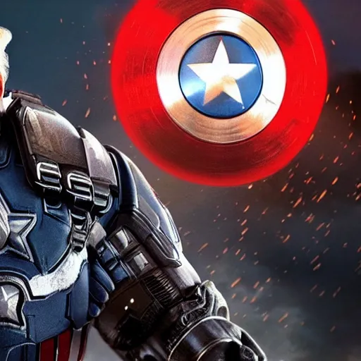 Image similar to donald trump as captain america in gears of war, splash art, maga, patriot, detailed face, movie still, cinematic lighting, dramatic, glowing, ray tracing, octane render, long lens, shallow depth of field, bokeh, anamorphic lens flare, 8 k, hyper detailed, 3 5 mm film grain