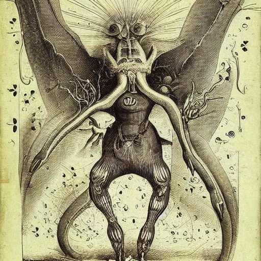 Image similar to whimsical freaky creature sings a unique canto about \'as above so below\' being ignited by the spirit of Haeckel and Robert Fludd, breakthrough is iminent, glory be to the magic within