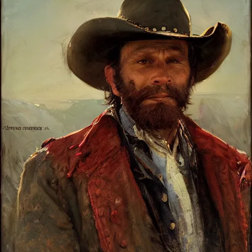 Prompt: Solomon Joseph Solomon and Richard Schmid and Jeremy Lipking victorian genre painting portrait painting of Hank Williams Sr a rugged cowboy gunfighter old west character in fantasy costume, red background