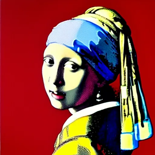 Image similar to painting of the girl with the pearl earring together with mona lisa by andy warhol, painting, oil on canvas, beautiful painting