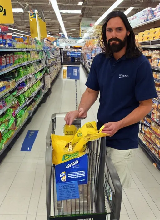 Image similar to jesus looking nervous bagging groceries on a hot day at walmart