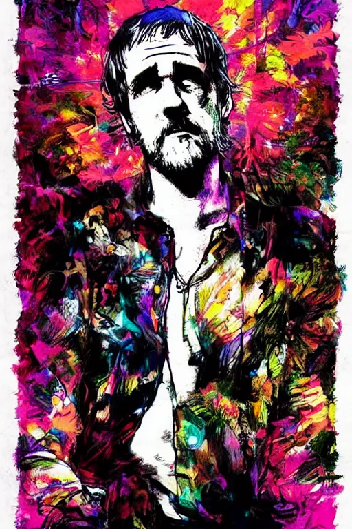 Prompt: inspirational style hope poster of bo burnham with beard, psychedelic colors, highly detailed, realistic, loving by yoji shinkawa