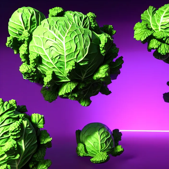 Image similar to high quality 3 d render very cute cabbages party! highly detailed, unreal engine cinematic smooth, moody purple glow light, low angle, uhd 8 k, sharp focus