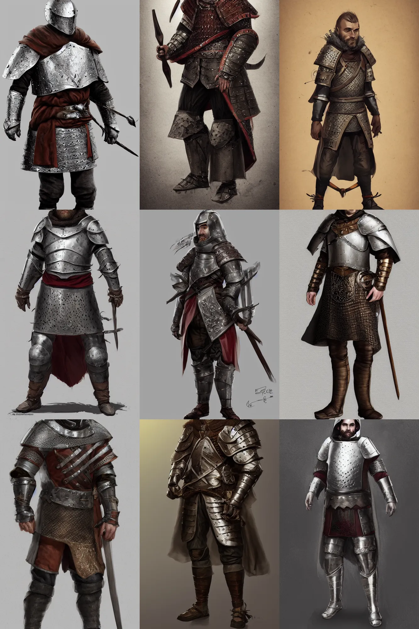 Prompt: man in a gambeson armor, fantasy, medieval, character design, single character concept art, medium shot, digital art, highly detailed, artstation, 4k,