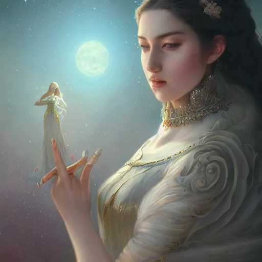 Prompt: a beautiful digital painting of a princess, princess, the moon behind her, intricate, cinematic lighting, highly detailed, digital painting, concept art, smooth, sharp focus, illustration, art by tom bagshaw, artgerm and greg rutkowski - 2 0 k