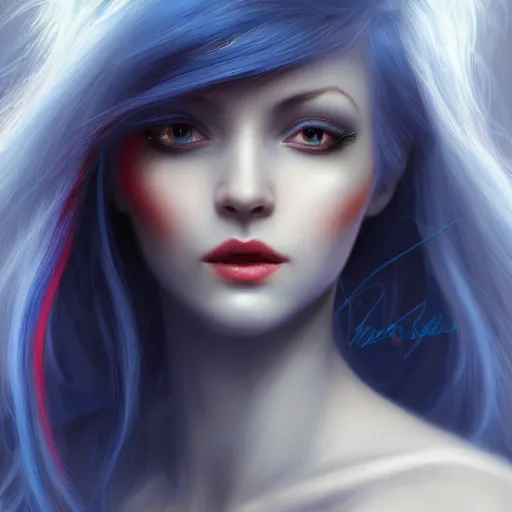 Image similar to perfectly - centered close - up portrait - photograph of blue - haired goddess with glowing - red - eyes, the perfect human female specimen, intricate, elegant, super highly detailed, professional digital painting, artstation, concept art, smooth, sharp focus, no blur, no dof, extreme illustration, unreal engine 5, 8 k, by anne stokes