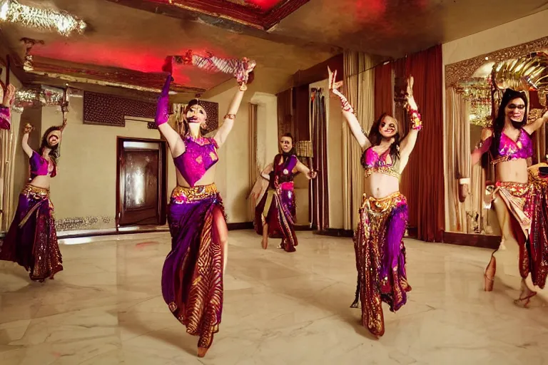 Image similar to cinematography belly dancers in decadent Hotel in India by Emmanuel Lubezki