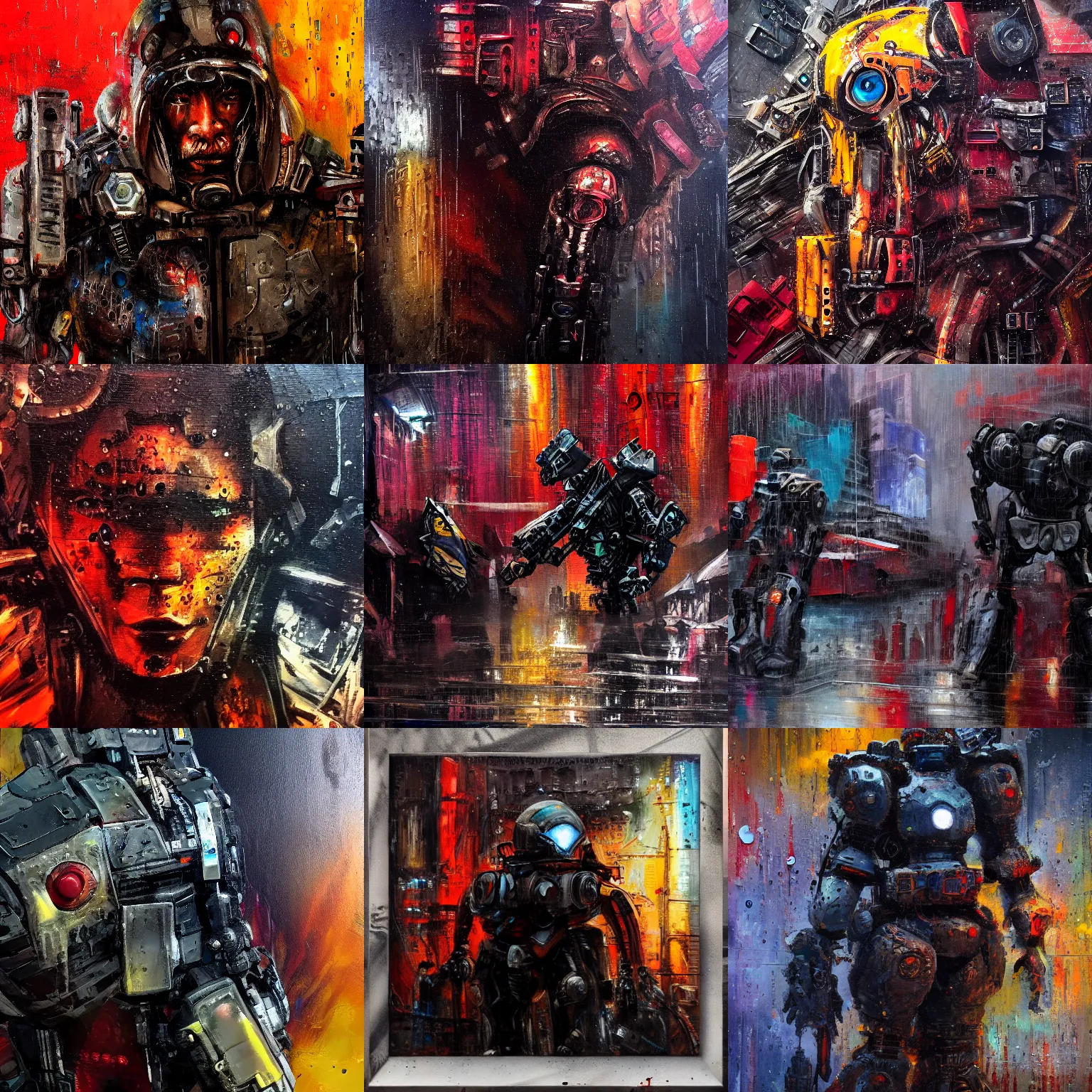 Prompt: old homeless mech warriors. new york after midnight, rain. epic futuristic scene. strong personalities and characters. tired, beaten tech. neo noir style, rain, oil, blood everywhere, dramatic high contrast lighting. high action! acrylic painting, layered impasto, heavy gesture style. closeup.