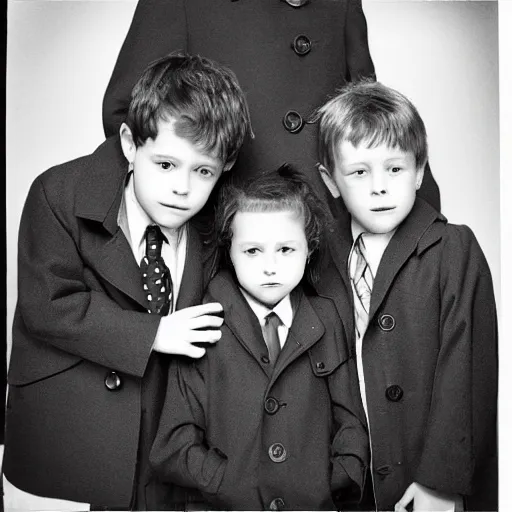 Image similar to “highly detailed photograph of a three kids on each other’s shoulders wearing a trench coat to look like a full size adult lawyer in a courtroom. Vintage 1970’s photography. 35mm.”