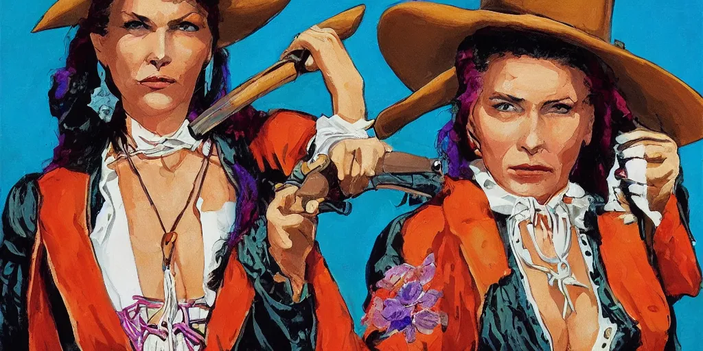 Prompt: wild west outlaw woman, colorful