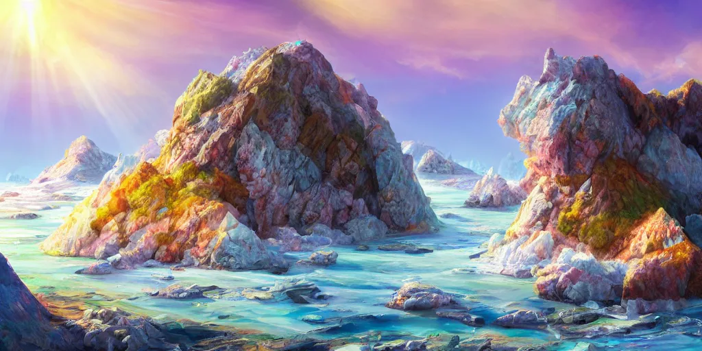 Image similar to a salt covered island surrounded by colourful rugged crystal quartz mountains, illustration, bright sunlight, sun glints, sunrays, digital art, hyperrealistic, oil painting, fantasy, 8 k, trending on artstation, detailed