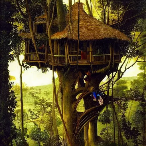 Prompt: beautiful rustic treehouse, lush trees, by caravaggio