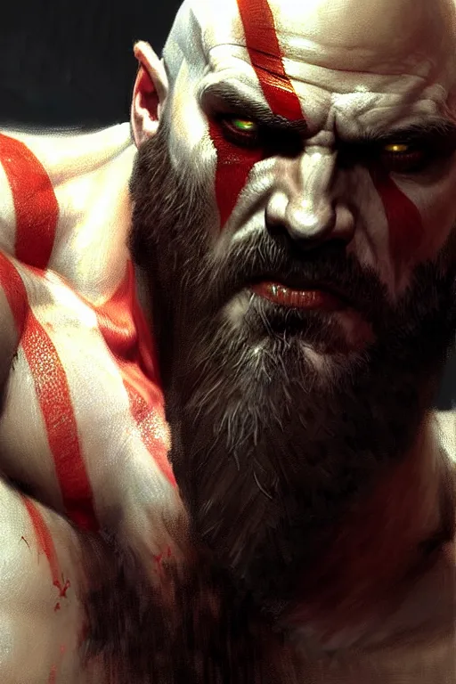 Image similar to god of war kratos face detailed portrait dnd, painting, brush strokes by gaston bussiere, craig mullins, greg rutkowski, yoji shinkawa