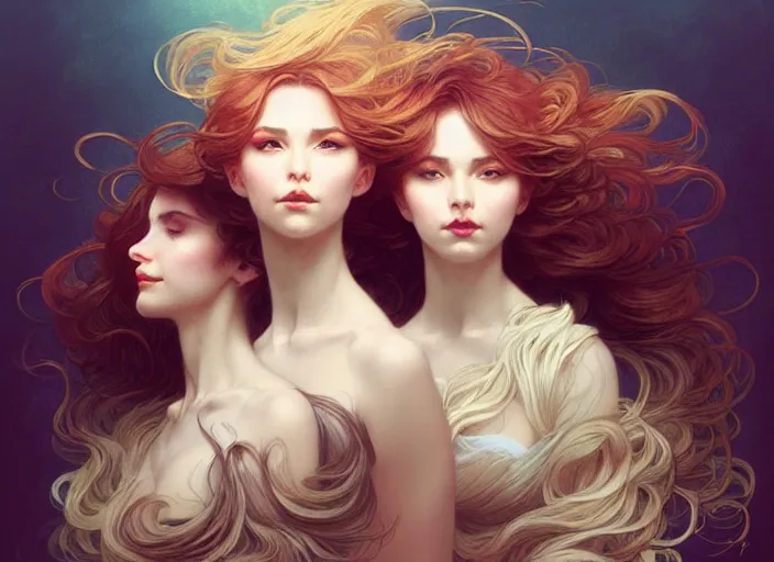 Prompt: portrait of 3 women with flowy hair, confident pose, pixie, genshin impact, intricate, elegant, sharp focus, soft bokeh, illustration, highly detailed, concept art, matte, trending on artstation, bright colors, art by wlop and artgerm and greg rutkowski, mucha, giger