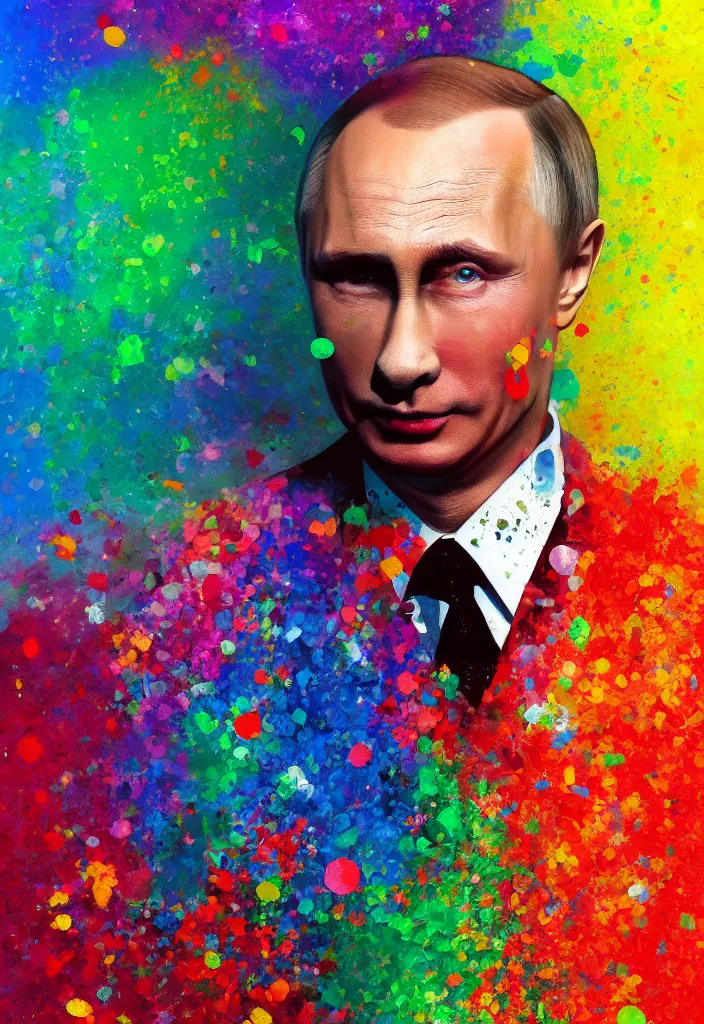 Image similar to a highly detailed portrait of Vladimir Putin as a colorful clown, gay pride flag background, intricate, digital painting, old english, particles floating, whimsical background by marc simonetti, John Singer Sargent style, masterpiece, stunning