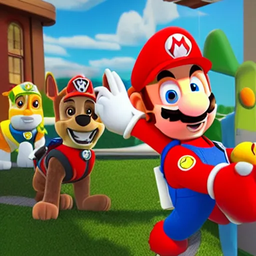 Prompt: a still of mario in paw patrol, cgi, detailed,