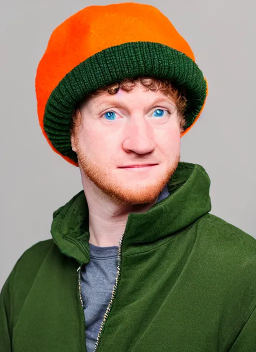 Prompt: portrait photo still of real life kyle broflovski wearing an orange jacket and green hat, 8 k, 8 5 mm, f. 1 4